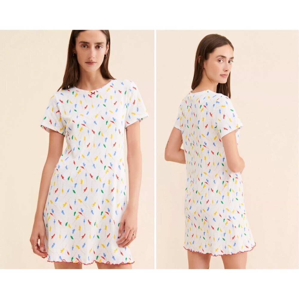 Rachel Antonoff White Preppy Print Fitz Short Sleeve Tee Dress Size Medium
